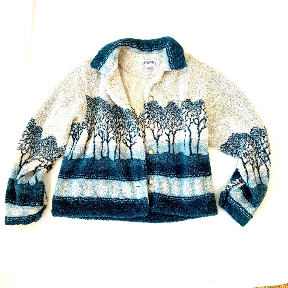 Vintage Gotcha Covered Oversized Sherpa Fleece Jacket with Mountain/Tree Design